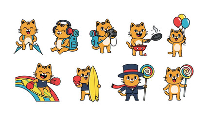 Cat Adventure: Cartoon cats indulge in various adventures, expressing delight in everyday moments, perfect for a lighthearted and fun project.