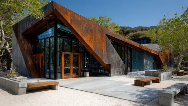 Modern, angular building with rusted metal and glass facade, nestled amidst landscaping, featuring concrete benches and a light-colored paved area