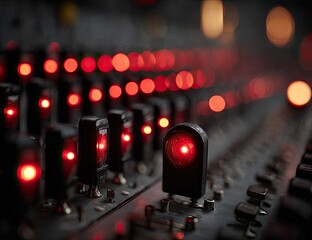 Close-up of a control panel with numerous illuminated red indicator lights, suggesting industrial machinery or a complex system