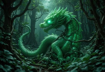 Verdant Guardian  Detailed Jade Dragon Sculpture with Bioluminescent Eye, Enshrouded in Vines within a Lush, Untamed Forest Scene.