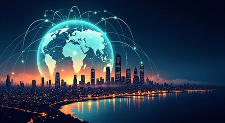 Global Network Connectivity A World Map Overlaying a Cityscape, Representing Modern Communication