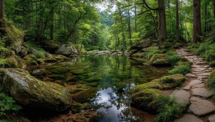 Obraz premium Serene forest pool, moss-covered rocks flanking a stone path reflecting lush greenery