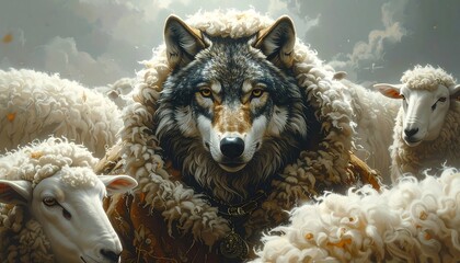 A wolf in sheep's clothing, a captivating image of a wolf camouflaged among a flock of sheep, showcasing a dramatic contrast and a striking visual narrative.