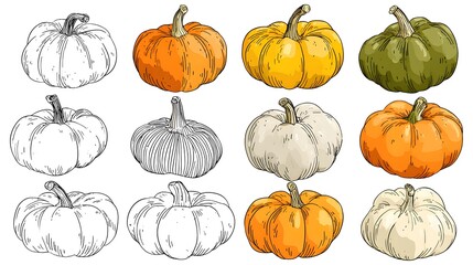 A set of pumpkin designs, outlined in black and filled with color. A charming hand-drawn pumpkin vector collection on a white background.