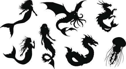 Mythical Sea Creatures and Mermaids Silhouettes Including Dragons, Kraken, and Jellyfish for Fantasy Ocean, Nautical, and Marine Design