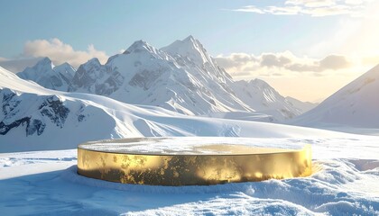 Golden product display podium on pristine snow in majestic mountain landscape under sunny sky