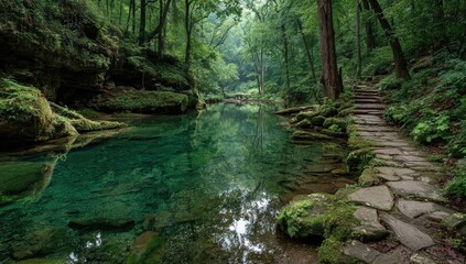 Serene forest stream reflects lush canopy; stone path winds beside crystal-clear, emerald water