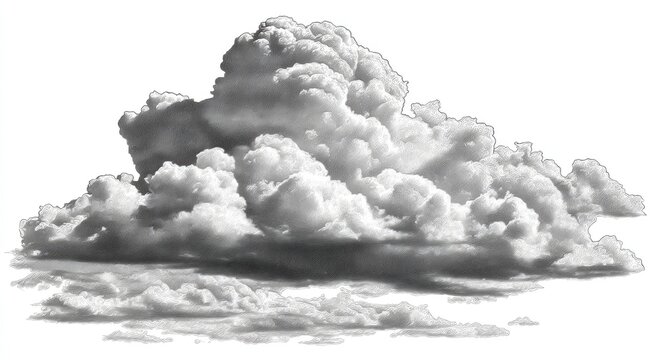 A large, cumulus cloud, grayscale, isolated on white background, showing significant texture and density variations