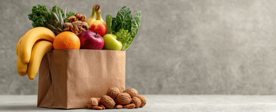 Brown paper bag overflowing with fresh produce bananas, apples, oranges, pears, pineapple, leafy greens, and walnuts & almonds spilling onto a grey surface against a grey backdrop