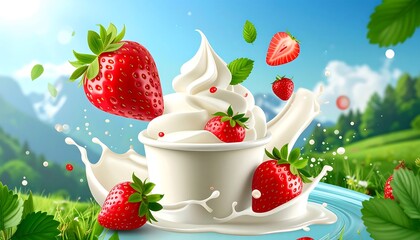 Fresh strawberry yogurt splash