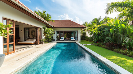 Minimalist tropical villa with pool and garden, embodying serene simplicity and harmony