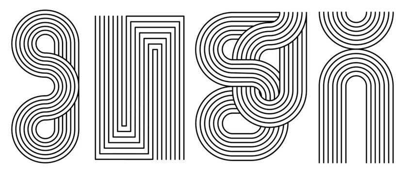 Line rainbow arch geometric patterns with curved stripes, rectangular frames and wavy forms for minimalist design. Abstract monochrome shapes with parallel lines and flowing arcs for modern prints.