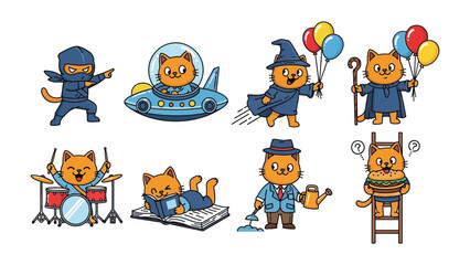 Whimsical Cat Collection: A charming compilation of cartoon cats showcasing a range of professions and scenarios, each cat exudes a unique persona.  © azizunnahar