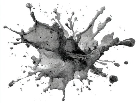 Monochromatic ink splatter, radiating outwards in a chaotic yet balanced pattern, showcasing varying shades of grey and textural details
