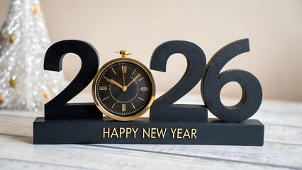 Happy new year 2026 decoration with clock and christmas tree indoors