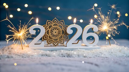 Happy new year 2026 greeting card with candles, sparklers and decoration