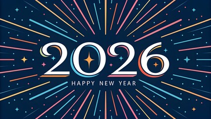 Happy new year 2026 greeting card with colorful rays on dark background