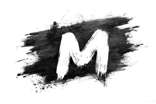 A bold, white capital "M" is prominently displayed against a stark black, textured brushstroke backdrop, creating a dynamic, artistic effect