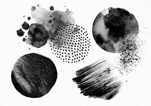 Monochrome abstract watercolor and ink textures; splatters, circles, dots, and brushstrokes on white background - Powered by Adobe