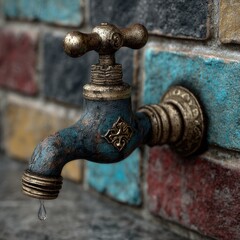 Ornate, aged teal and gold faucet mounted on a multicolored brick wall, a single water droplet hangs from the spout