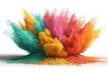 Vibrant colored powder explosion against a white background, forming a dynamic, cloud-like shape with a small pile at the base