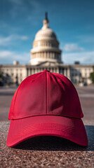 Red baseball cap mockup template positioned front washington dc capitol building representing american political theme minimal merchandise design layout branding product advertisement concept backdrop