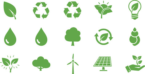 Green eco friendly icons representing nature, recycling, and renewable energy.