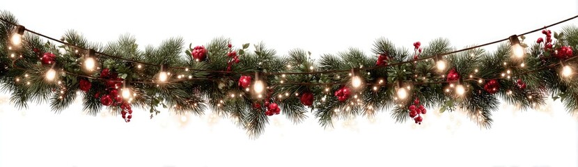 Obraz premium Festive garland with pine, red berries, and warm-toned lights strung along a dark brown cord, creating a classic holiday aesthetic