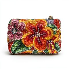 A beaded clutch with intricate floral design and soft fabric body, front facing view, clutch bag isolated on white background color, photorealistic accuracy, good composition, high resolution