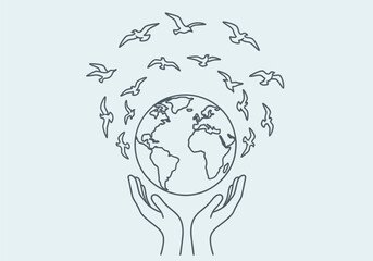 vector illustration of a flock of birds flying over the earth in a minimalist line art style with protective hands for a World Migratory Bird Day conservation concept.