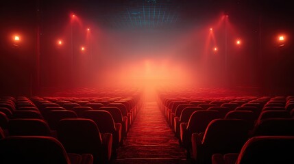 Ethereal Red Light Floods an Empty Theater Aisle Before the Performance.