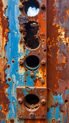 A detailed close-up view of a rusted metal panel with vibrant blue and orange hues, featuring numerous circular holes and bolts, showcasing a dramatic contrast in colors and textures.
