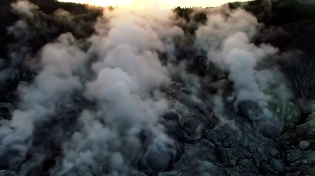 Aerial view of volcanic steam vents releasing clouds of vapor at sunset in a rugged landscape