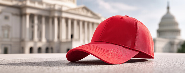 Red baseball hat cap mockup template concrete front United States Capitol historic American government building blank merchandise layout branding concept design political accessory banner space ad