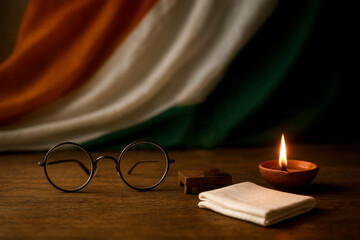 Round Eyeglasses and Traditional Spinning Wheel Symbolizing Mahatma Gandhi for Gandhi Jayanti October 2.