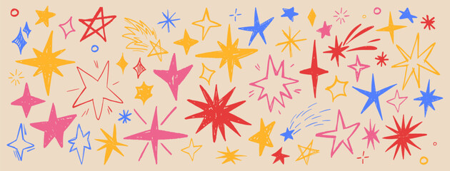 Color crayon stars drawn on beige background. Vector realistic illustration of hand drawn colorful doodle sparks, holiday fireworks, childish pattern design elements, grungy sketch art, school banner