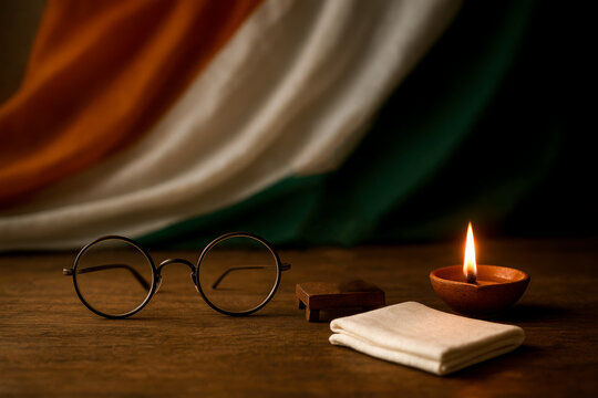 Round Eyeglasses and Traditional Spinning Wheel Symbolizing Mahatma Gandhi for Gandhi Jayanti October 2.