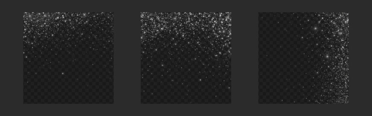 Falling silver confetti with glitter and shimmer particles for overlay effects or celebration backgrounds. Sparkling dust with bright stars on dark surface. Luxury textures for festive design.