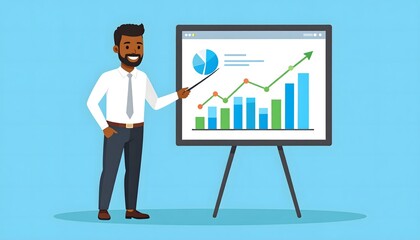 Businessman presenting financial growth charts and data analysis on a whiteboard, illustrating market trends and success in a corporate setting.