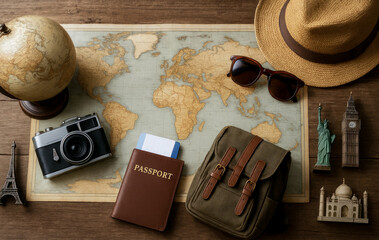 A flat lay arrangement of iconic travel essentials placed on a rustic wooden table, representing the concept of World Tourism Day.
