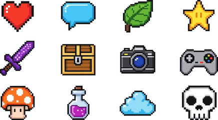 Retro pixel art game icons for fun digital adventures