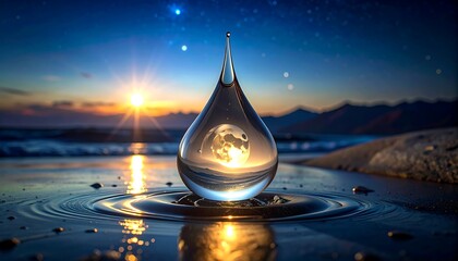 A teardrop-shaped glass orb, reflecting a sunrise over the tranquil sea and mountains, captures a breathtaking moment of peace and beauty.