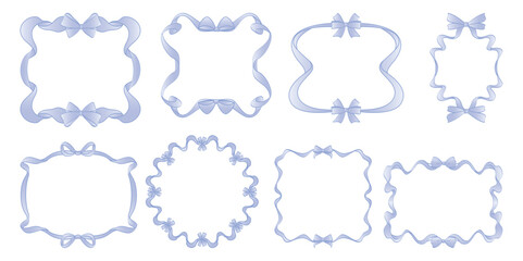 Coquette blue ribbon frames set isolated on white background. Vector cartoon illustration of vintage borders with handmade whimsical bows waves, romantic Valentine Day or wedding card design element