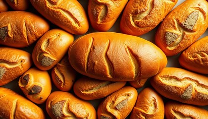 Golden, crusty bread loaves & pastries form a repeating pattern,   delicious wallpaper,  roll