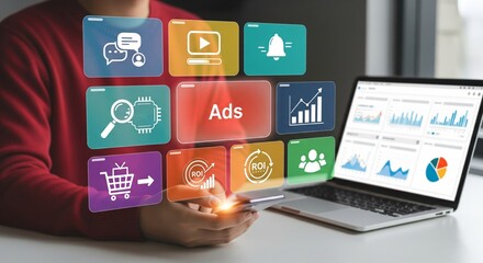 Digital Ads Hologram Over Smartphone & Laptop &mdash; Marketing Messaging, Video & Analytics Interface for Advertising Campaigns