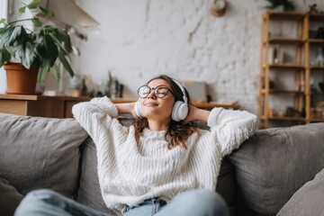 Fototapeta premium young woman with headphones lounging on a sofa at home portrait of a girl relaxing in a modern living room interior