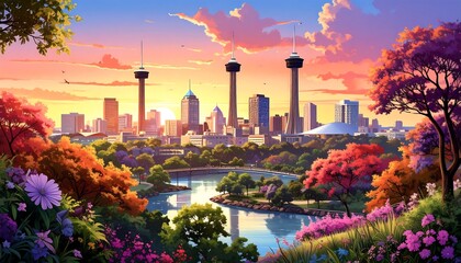 Colorful cityscape at sunrise