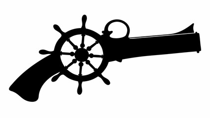 Obraz premium Intriguing fusion of a classic pirate ship's wheel with an old pistol, evoking adventure