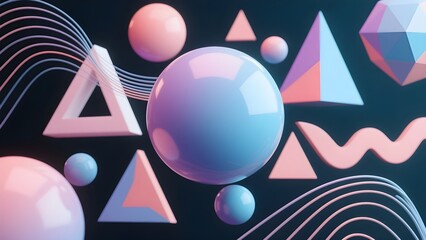 Fototapeta premium Abstract 3d geometric shapes with pastel gradient lighting and wavy lines