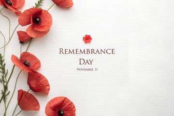 Remembrance day with red poppy flowers and copy space isolated on white background